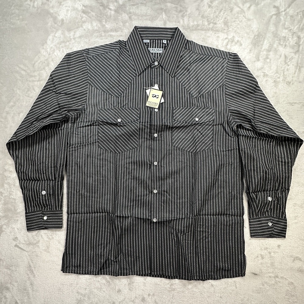 Desire Collection Dress Shirt Mens Medium Black White Zig Zag Stripe Pearl Snap